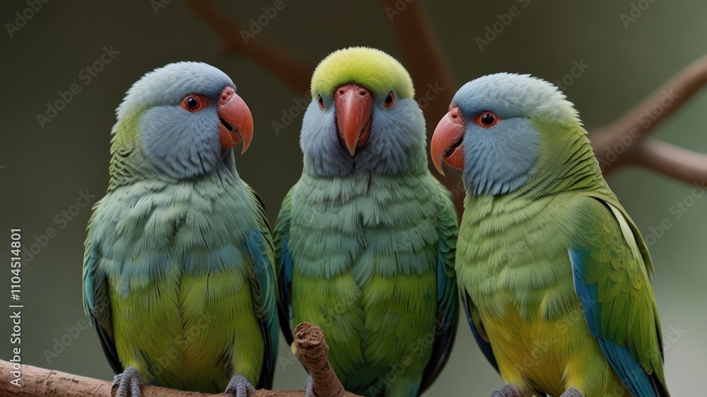 Three vibrant green parrots perched on a branch. Three vibrant green parrots perched on a branch.