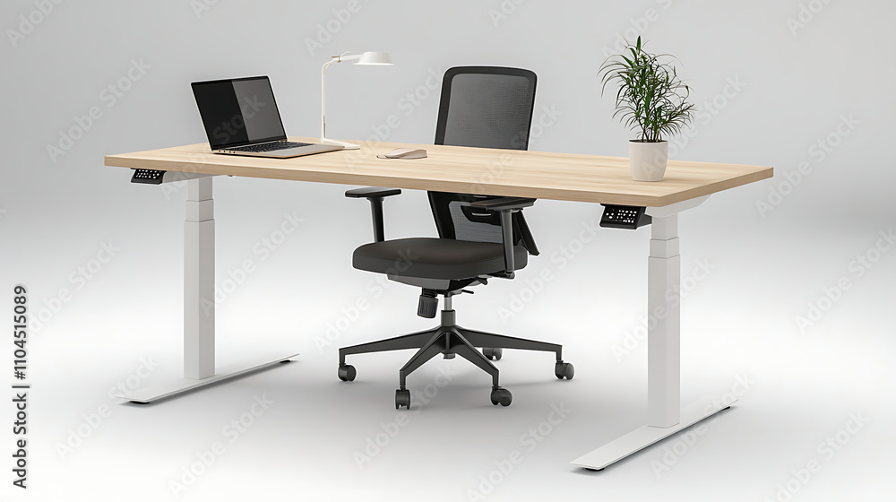 A desk with a laptop and a black chair A desk with a laptop and a black chair