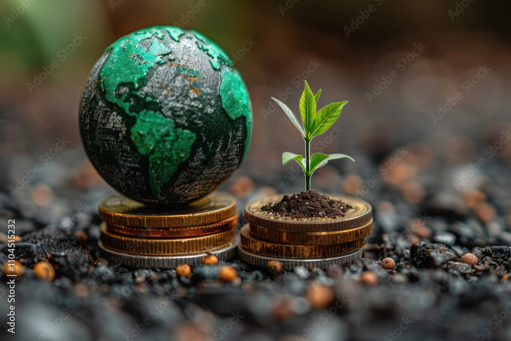 green globe with icon and stack of silver coins the seedlings green globe with icon and stack of silver coins the seedlings