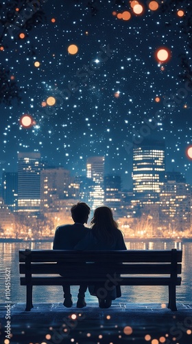 Anime-style couple on a bench overlooking the city lights, night sky full of stars, romantic atmosphere, detailed skyline
