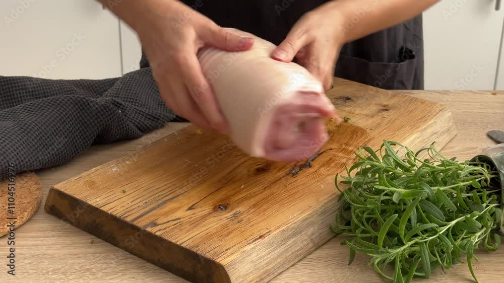 cook housekeeper show pork chop roll filled with breadcrumbs, bacon and butter on wooden board in kitchen. process of making homemade meal, cooking at home, food closeup, cooking pork roast cook housekeeper show pork chop roll filled with breadcrumbs, bacon and butter on wooden board in kitchen. process of making homemade meal, cooking at home, food closeup, cooking pork roast