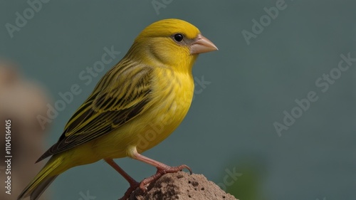 Yellow bird perched on a rock, profile view.