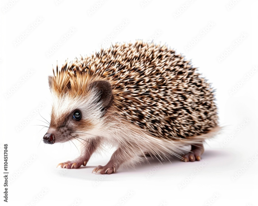 A cute hedgehog with distinctive spines and a curious expression, standing on a white background. A cute hedgehog with distinctive spines and a curious expression, standing on a white background.