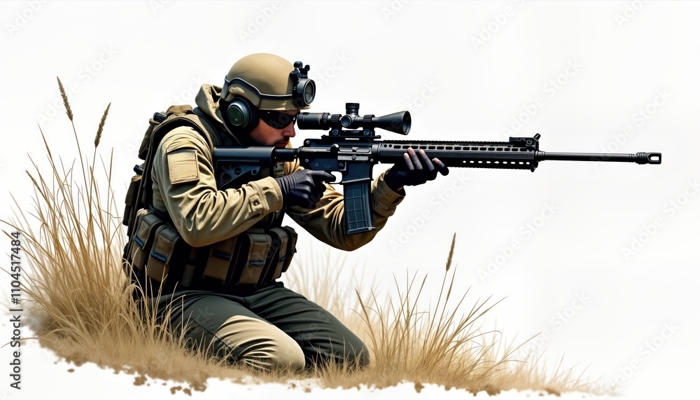 Fototapeta premium Military soldier aims rifle in field. Camo uniform. Focus on shooting position. Tactical equipment visible. Sniper stance. Desert environment. Natural setting. Serious posture. Prepared for action.