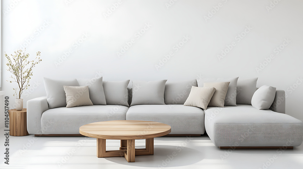 Fototapeta premium A white couch with pillows and a wooden coffee table