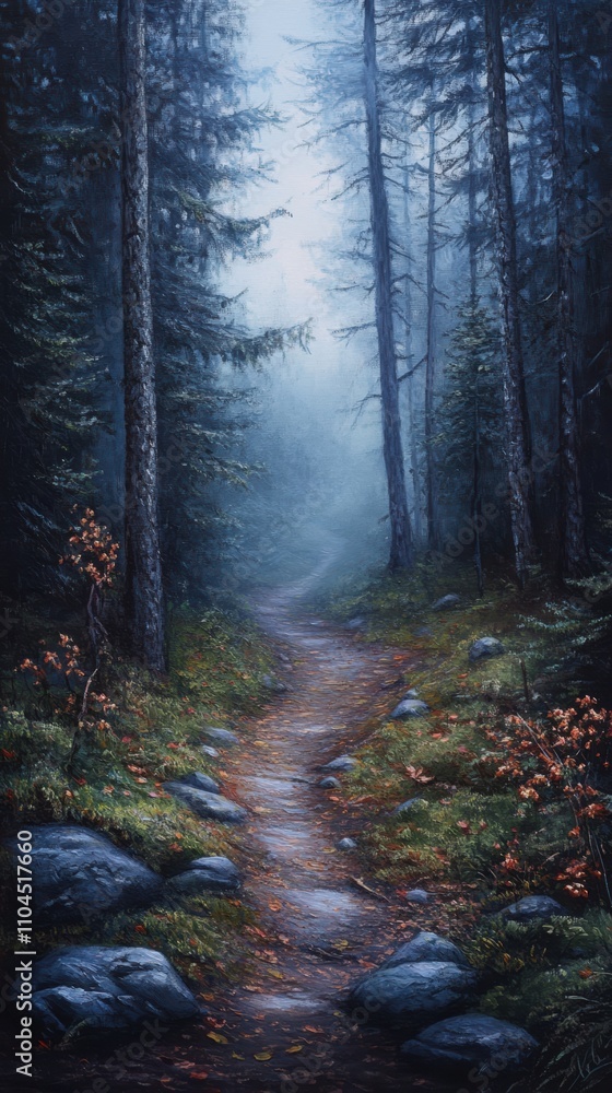 Obraz premium Foggy path winding through a moody forest in autumn