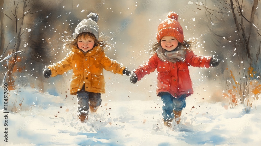 Joyful Children Playing Together in a Snowy Winter Wonderland Joyful Children Playing Together in a Snowy Winter Wonderland