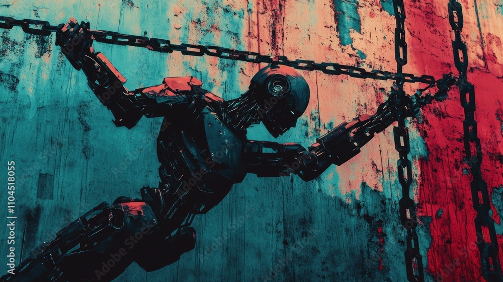 Chained robotic figure against textured wall. Chained robotic figure against textured wall.