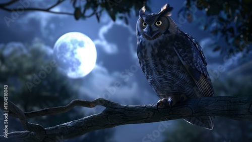 Majestic owl perched on a tree branch under the full moon    
 photo