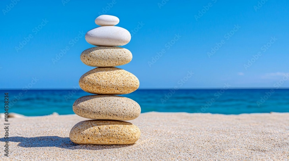 Fototapeta premium a photostock of a single white pebble balanced on a stack of smooth stones, zen aesthetic 2025