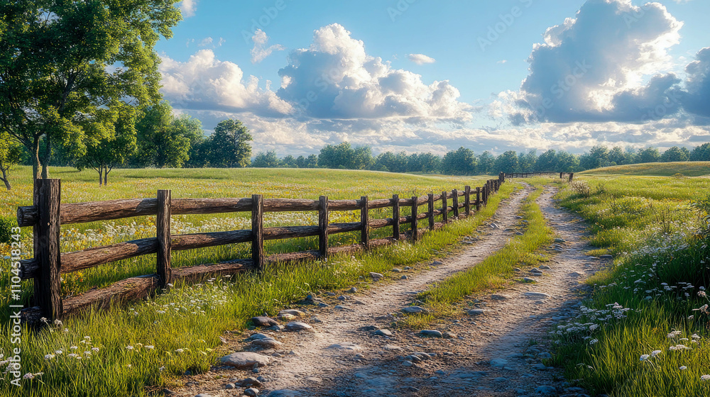 A wooden farm fence lined with wildflowers on a dirt pathway under a sunny sky, surrounded by green fields and trees A wooden farm fence lined with wildflowers on a dirt pathway under a sunny sky, surrounded by green fields and trees