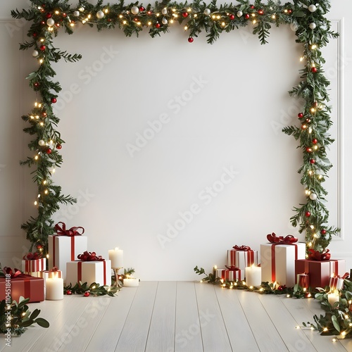 An empty digital backdrop for photography with a white wall, Christmas garland on the sides and at the top of the frame, lights, candles, and presents on the floor