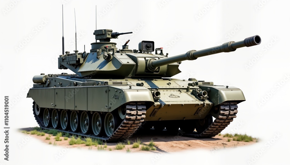 Military tank sits isolated on white background. Modern heavy vehicle shows powerful design. Powerful weapon, armored plating. Combat machine stands ready. Isolated military tech object for military Military tank sits isolated on white background. Modern heavy vehicle shows powerful design. Powerful weapon, armored plating. Combat machine stands ready. Isolated military tech object for military