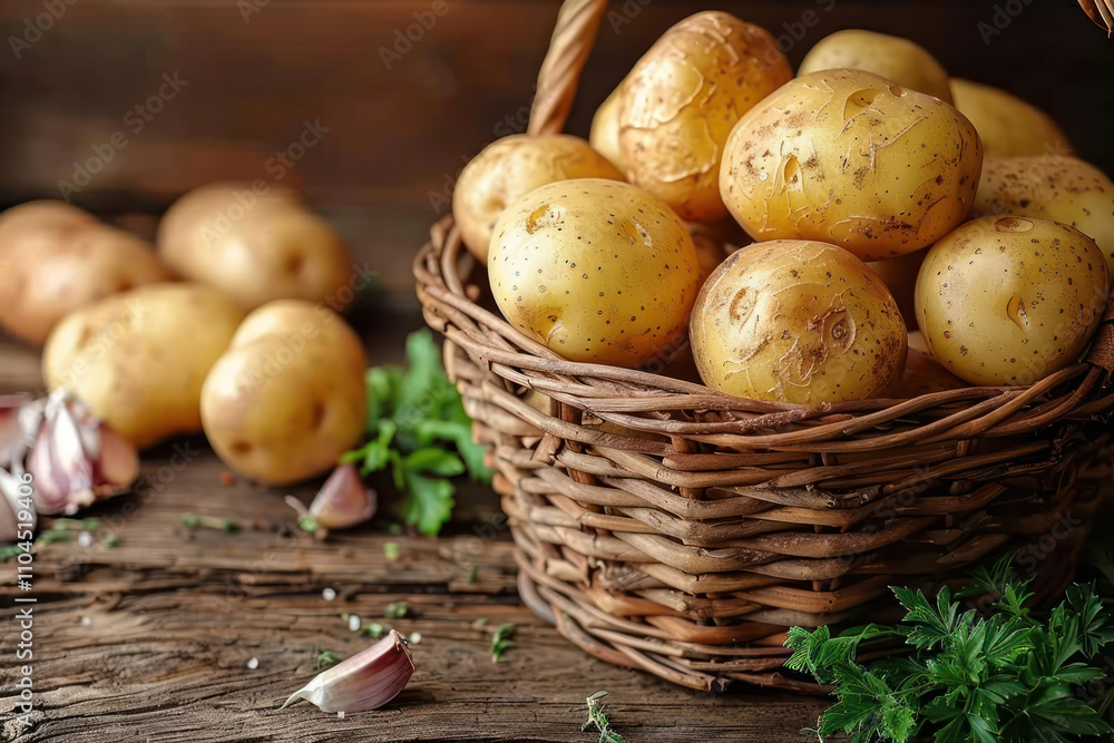 Fresh raw baby potatoes in a basket over wooden background,. Fresh raw baby potatoes in a basket over wooden background,.