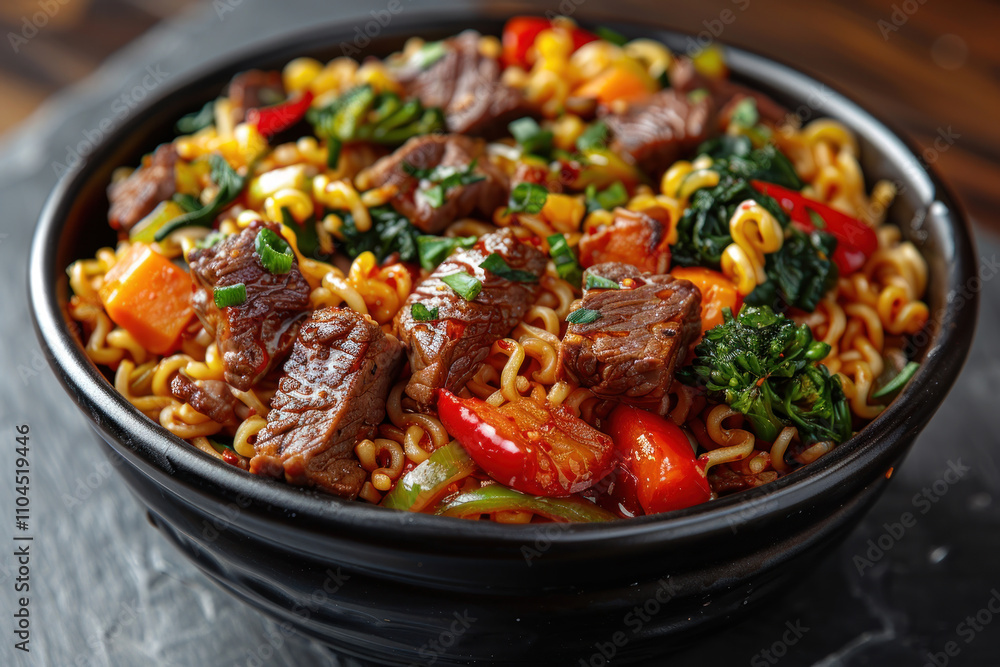 fried noodles with vegetables and beef in a black bowl. ,. fried noodles with vegetables and beef in a black bowl. ,.