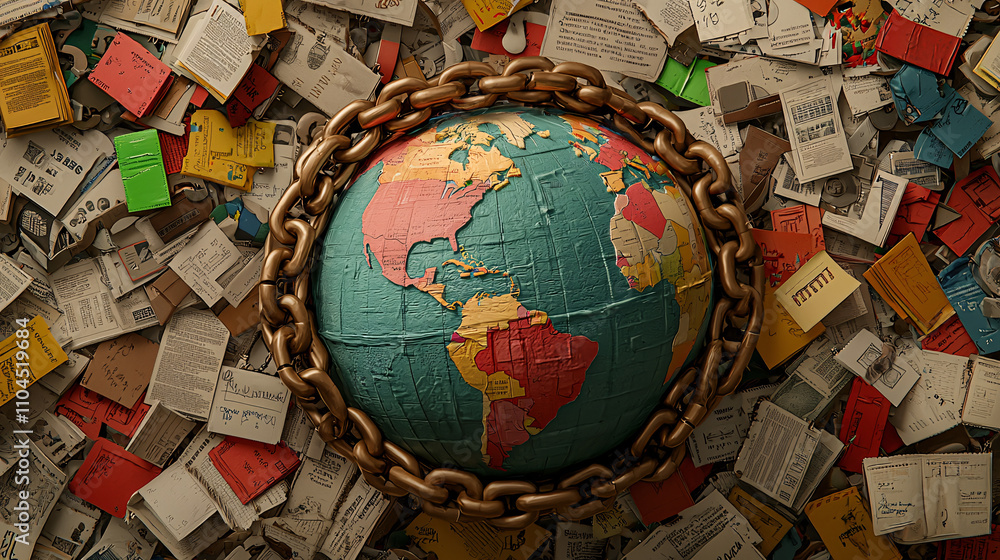 A locked globe surrounded by chains of documents, representing travel restrictions, dramatic light, high detail A locked globe surrounded by chains of documents, representing travel restrictions, dramatic light, high detail