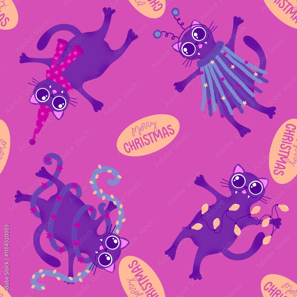 Fototapeta premium Christmas party mood seamless cats pattern for wrapping paper and fabrics