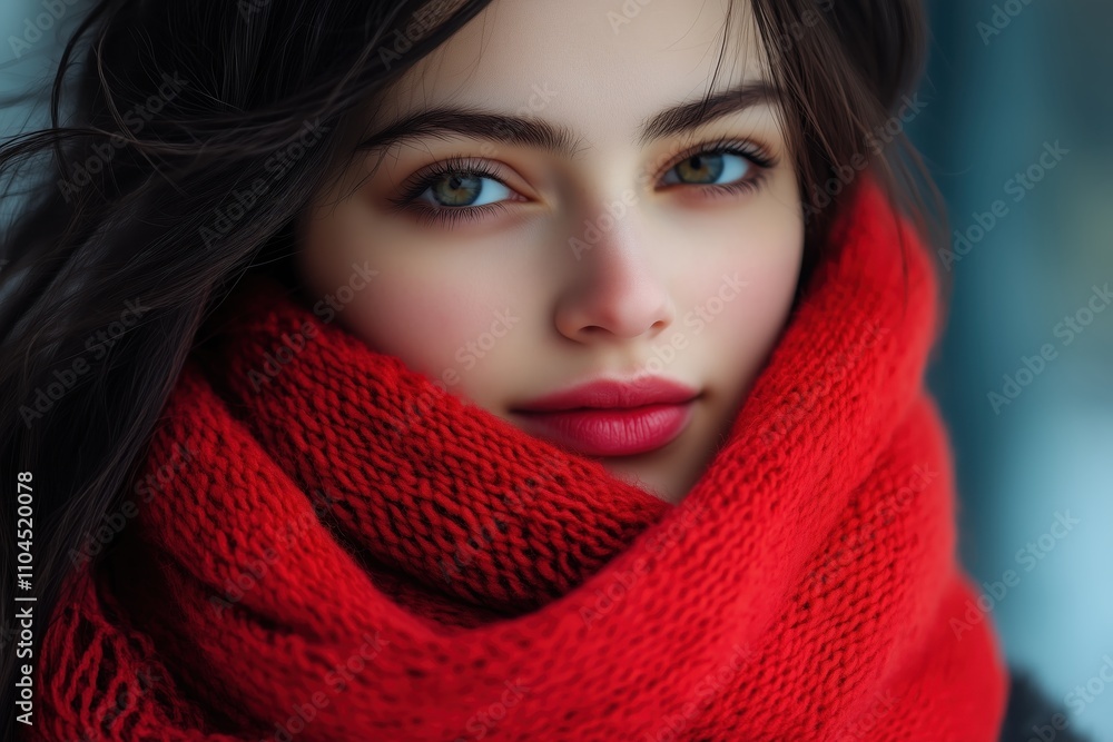 Close-up Portrait of Woman Wrapped in Red Scarf Close-up Portrait of Woman Wrapped in Red Scarf
