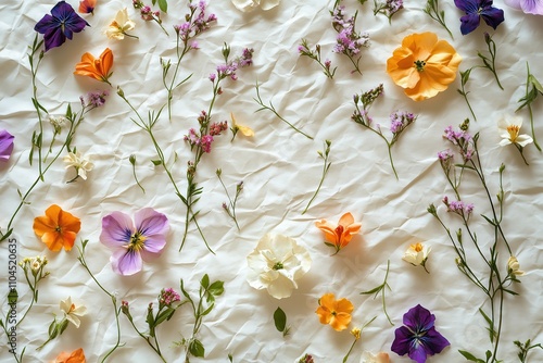 Composition of colorful pressed flowers arranged on a crumpled white surface