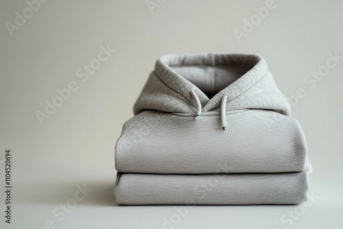 Folded gray hooded sweatshirt on a neutral backdrop photo