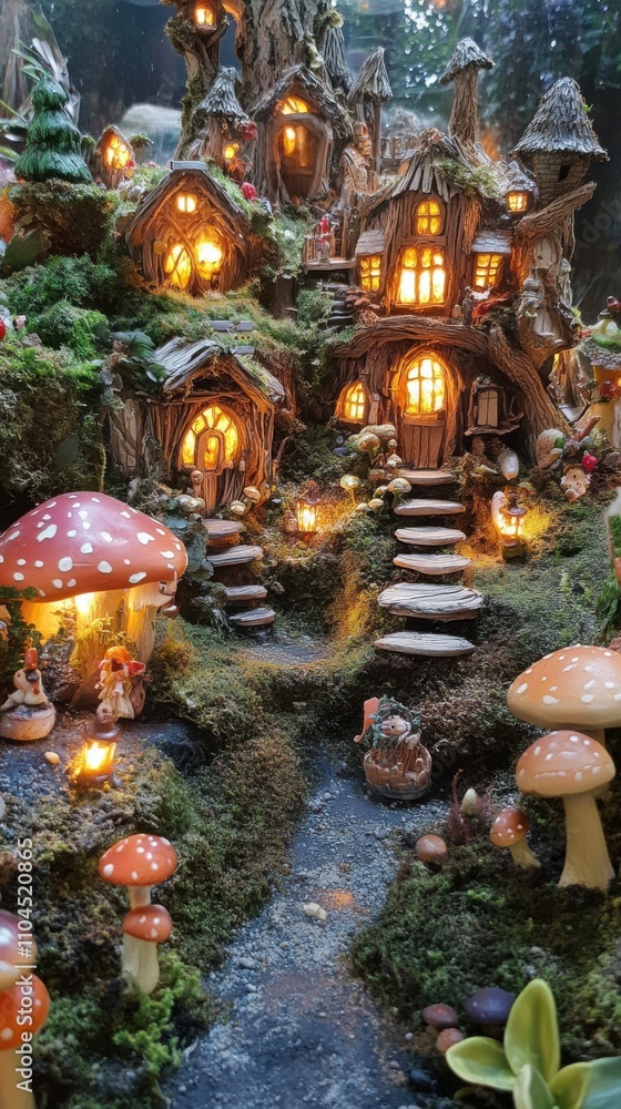 Fairy village hidden in an enchanted forest, mushrooms, and treehouses, glowing lights, highly detailed magical scenery Fairy village hidden in an enchanted forest, mushrooms, and treehouses, glowing lights, highly detailed magical scenery