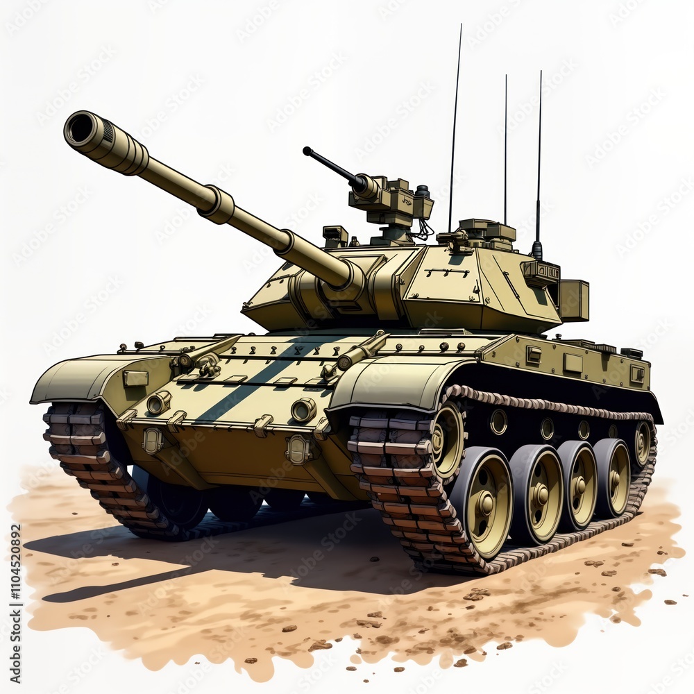 Powerful military tank stands on sandy battlefield. Armored hull, heavy cannon suggest combat readiness. Vehicle depicted in detailed illustration, featuring tracks, wheels. Design focuses on war Powerful military tank stands on sandy battlefield. Armored hull, heavy cannon suggest combat readiness. Vehicle depicted in detailed illustration, featuring tracks, wheels. Design focuses on war