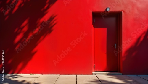 Vibrant red wall features single red door with intriguing shadow play from foliage. Modern design element. Simple yet bold architecture. Urban exterior setting. Intriguing contrast between color, photo