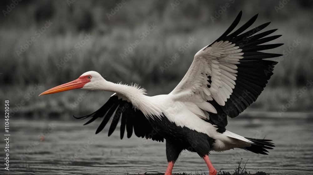 Naklejka premium Majestic saddle-billed stork taking flight, wings spread wide, showcasing vibrant red beak and legs against a blurred monochrome background.