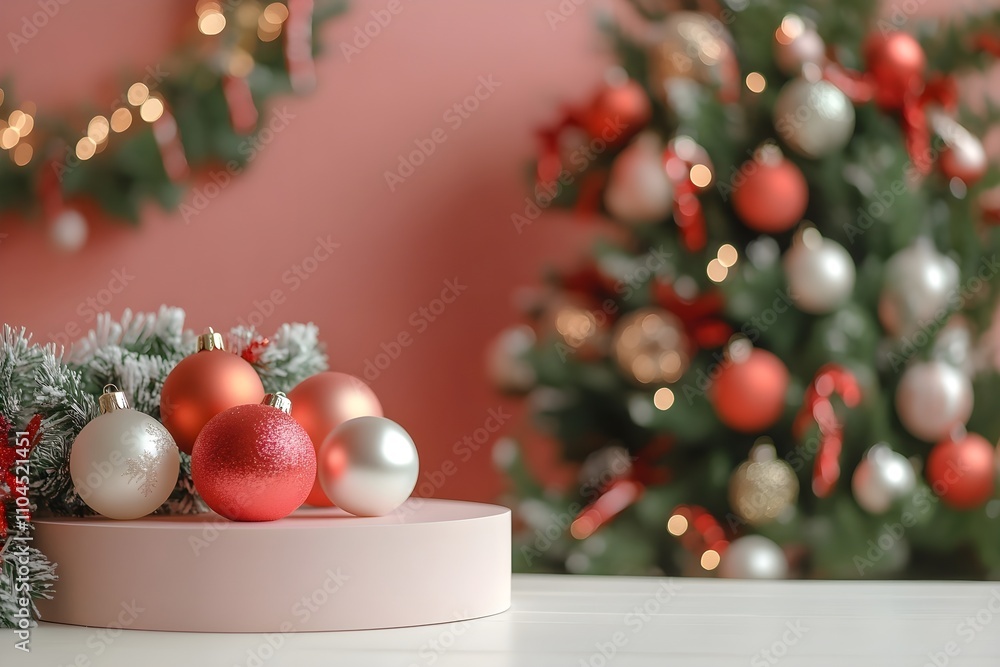 Modest background of the New Year's podium with toys , with Christmas balls without splashes Modest background of the New Year's podium with toys , with Christmas balls without splashes