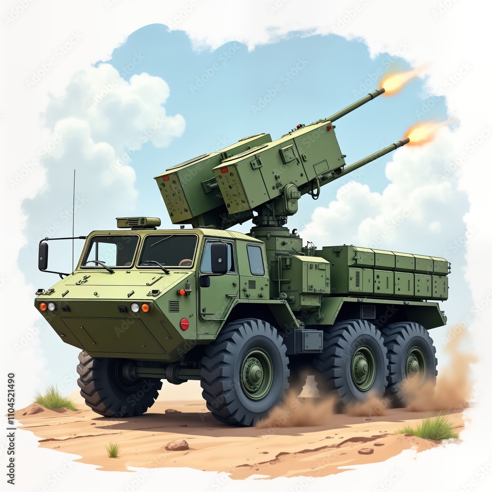 Military self-propelled anti-aircraft system on truck firing missiles. Modern air defense vehicle in action on sandy terrain. Illustration combat situation with realistic tech details. Colorful image Military self-propelled anti-aircraft system on truck firing missiles. Modern air defense vehicle in action on sandy terrain. Illustration combat situation with realistic tech details. Colorful image