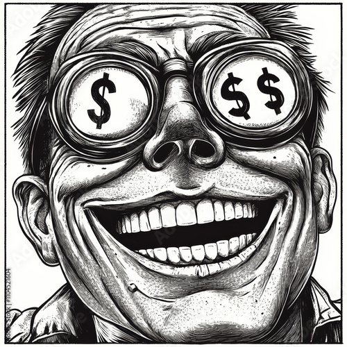 A man with a wide grin and dollar signs in his eyes, embodying financial ambition and consumerism. The detailed vintage-style engraving emphasizes his expression and textures in black-and-white on