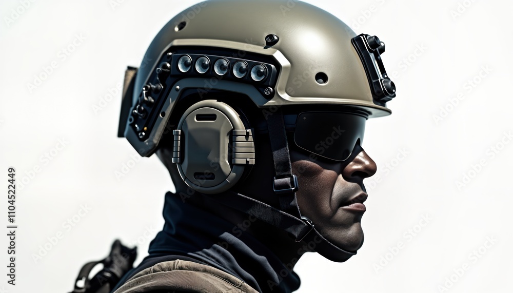 Man wears military tactical helmet with dark sunglasses, special communication headset. Close-up profile view. Focus on soldier equipment, tech. Serious expression. Military pro. Modern gear. Safety Man wears military tactical helmet with dark sunglasses, special communication headset. Close-up profile view. Focus on soldier equipment, tech. Serious expression. Military pro. Modern gear. Safety