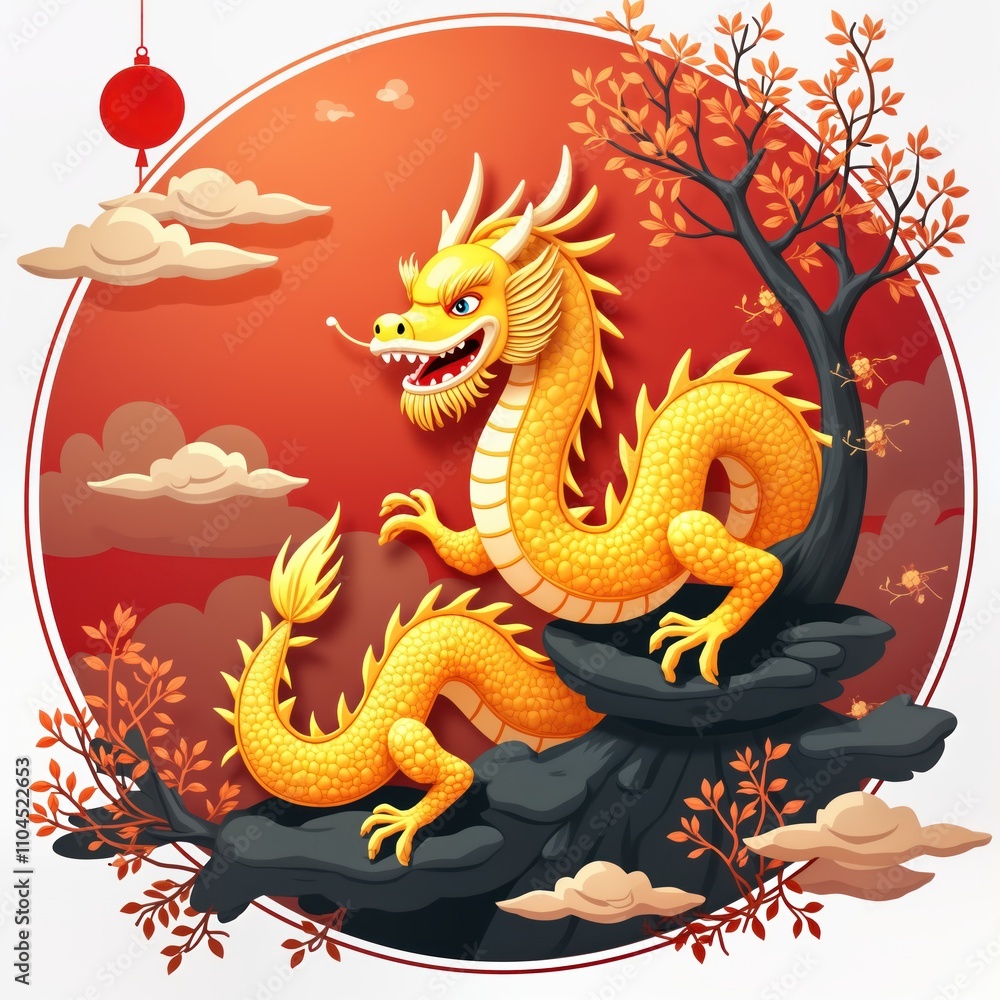 Fototapeta premium Golden dragon sits on rock in red and orange circle scene. Chinese art style. Dynamic pose. Traditional Asian design elements. Symbol of strength and luck. Vibrant colors.