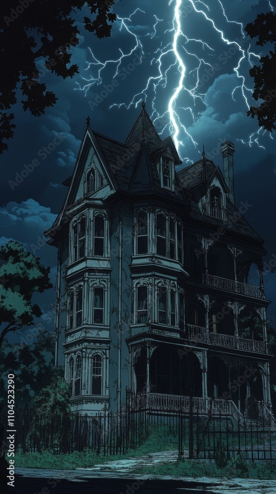 Haunted anime mansion at night, lightning illuminating the dark sky, intricate Victorian architecture, eerie atmosphere Haunted anime mansion at night, lightning illuminating the dark sky, intricate Victorian architecture, eerie atmosphere