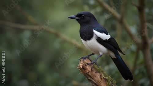 Black and white bird perched on a branch.