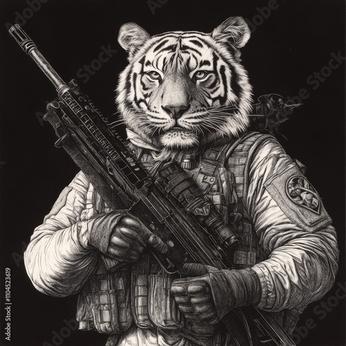 A tiger gripping a rifle, donning military-style clothing, blending power with a touch of irony. The engraving showcases intricate linework and bold contrasts in black-and-white. photo