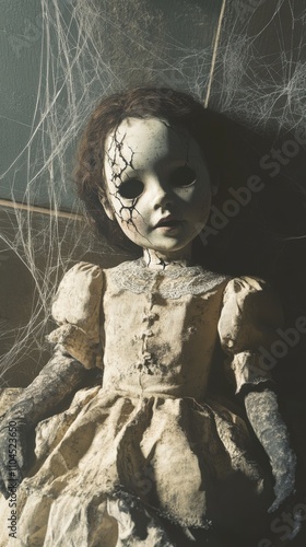 Haunted doll with cracked face in a dimly lit room, cobwebs in the background, eerie light, hyper-detailed textures photo