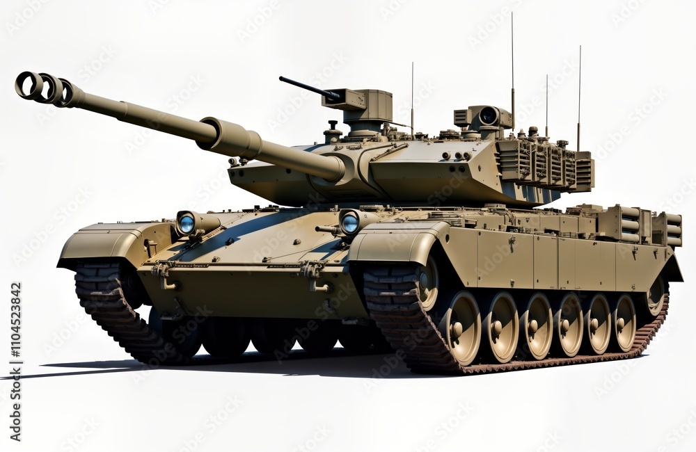 Military tank presented on white background. Modern design highlighted with robust armor, heavy protection. High-resolution image for display model. Powerful weapon system with details like turret, Military tank presented on white background. Modern design highlighted with robust armor, heavy protection. High-resolution image for display model. Powerful weapon system with details like turret,