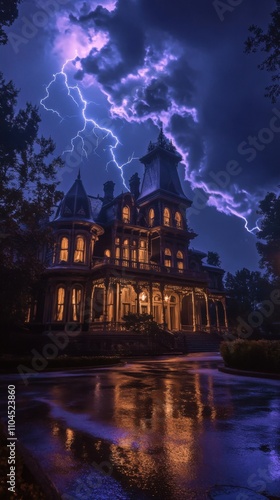 Haunted mansion at night, lightning illuminating the sky, dark clouds, detailed Victorian architecture and eerie shadows photo