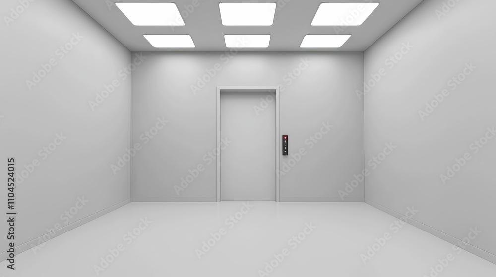 Minimalist white elevator lobby interior with closed door and ceiling lights. Minimalist white elevator lobby interior with closed door and ceiling lights.