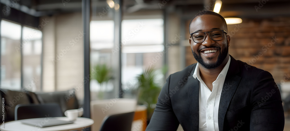 Fototapeta premium Successful African American businessman smiling confidently in a modern workspace. Blurred background with copy space.