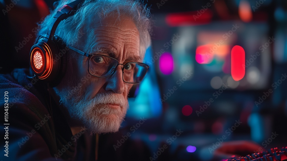 a man wearing headphones and looking at a computer screen with a red light on it's side.. a man wearing headphones and looking at a computer screen with a red light on it's side..