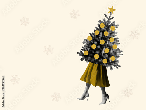 holiday is coming concept template design with Christmas tree walking female legs in high-heeled shoes snowflakes retro halftone collage elements greeting card copy space for text