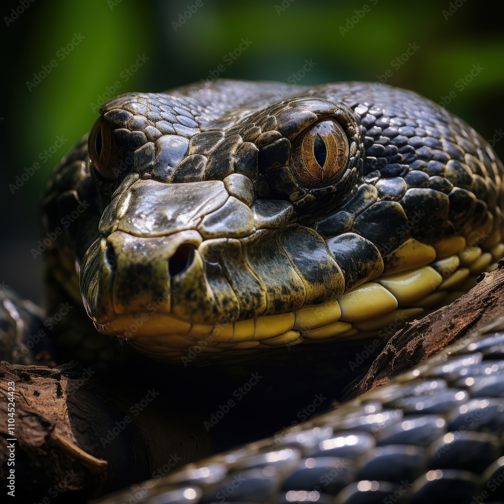 Close-up of a magnificent dark-colored snake with striking eyes, resting on a branch in a lush, vibrant setting. Close-up of a magnificent dark-colored snake with striking eyes, resting on a branch in a lush, vibrant setting.