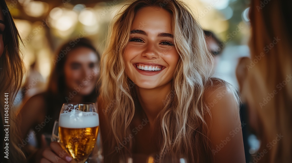 a woman smiling and holding a glass of beer in her hand while sitting at a table with other women.. a woman smiling and holding a glass of beer in her hand while sitting at a table with other women..
