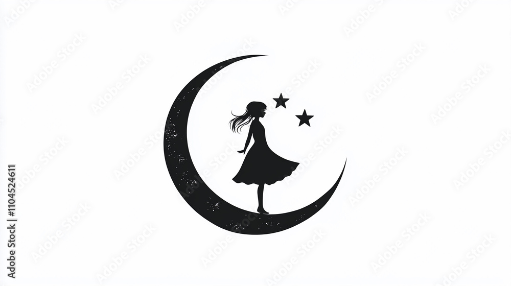 A whimsical girl stands inside a half moon crescent with stars hair blowing in a dress black icon on white A whimsical girl stands inside a half moon crescent with stars hair blowing in a dress black icon on white