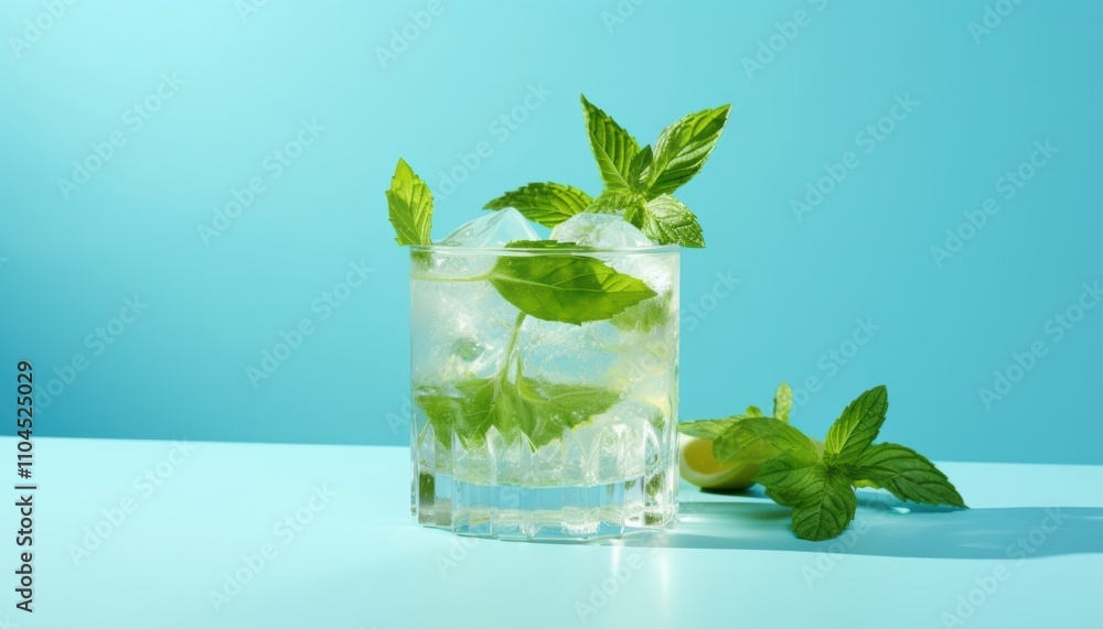 A refreshing mint cocktail with ice served in a clear glass against a vibrant blue backdrop. A refreshing mint cocktail with ice served in a clear glass against a vibrant blue backdrop.