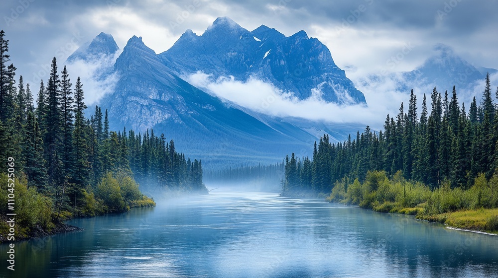 A river runs through a forest with mountains in the background A river runs through a forest with mountains in the background
