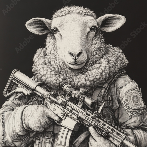 A sheep holding a rifle, dressed in military gear, symbolizing quiet rebellion and irony. The engraving emphasizes wool textures and uniform details in a detailed black-and-white style.