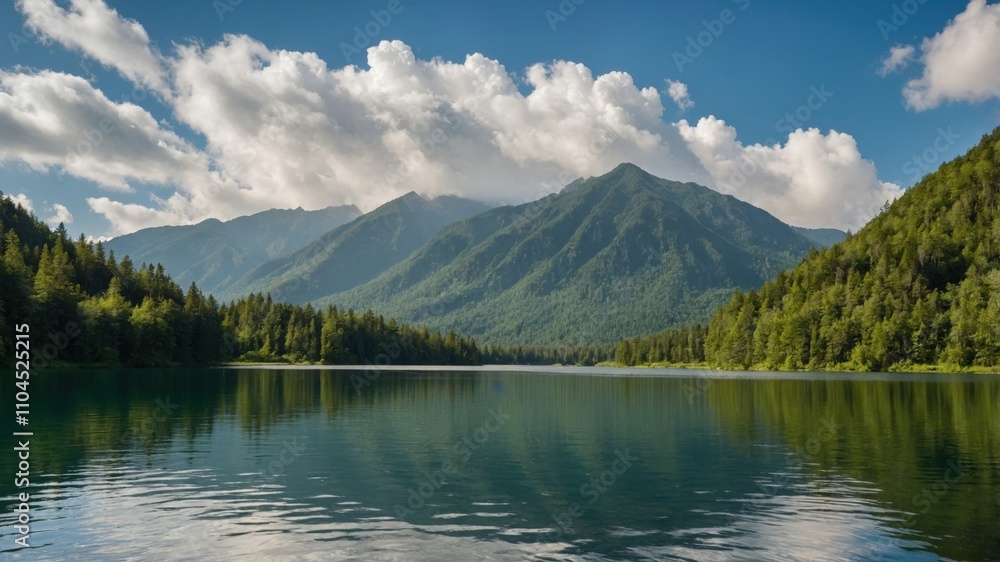 Scenic mountain landscape with calm lake reflecting clouds and greenery in bright daylight Scenic mountain landscape with calm lake reflecting clouds and greenery in bright daylight